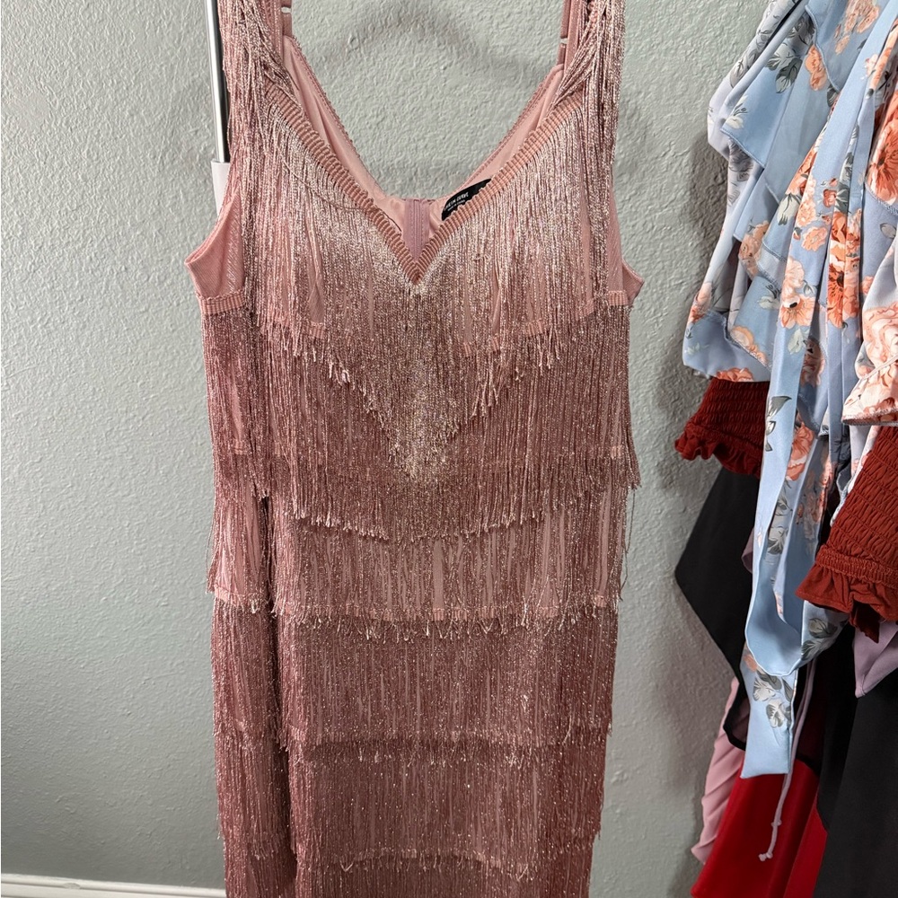 SHEIN Shimmering Fringe Dress in Dusty Pink